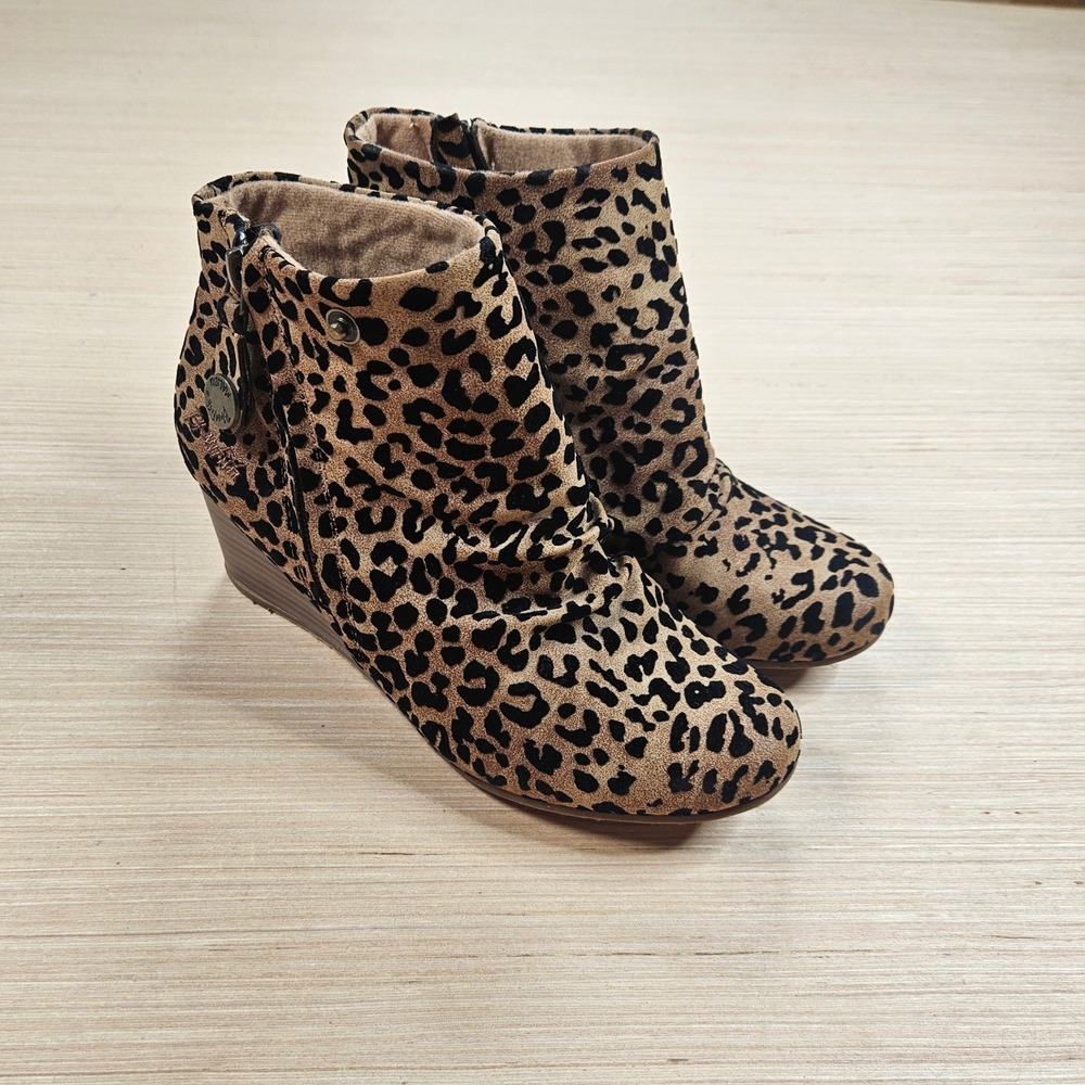 Blowfish Malibu Wedge Ankle Boots Women 7.5 Brown Leopard Print B138 Zip Up